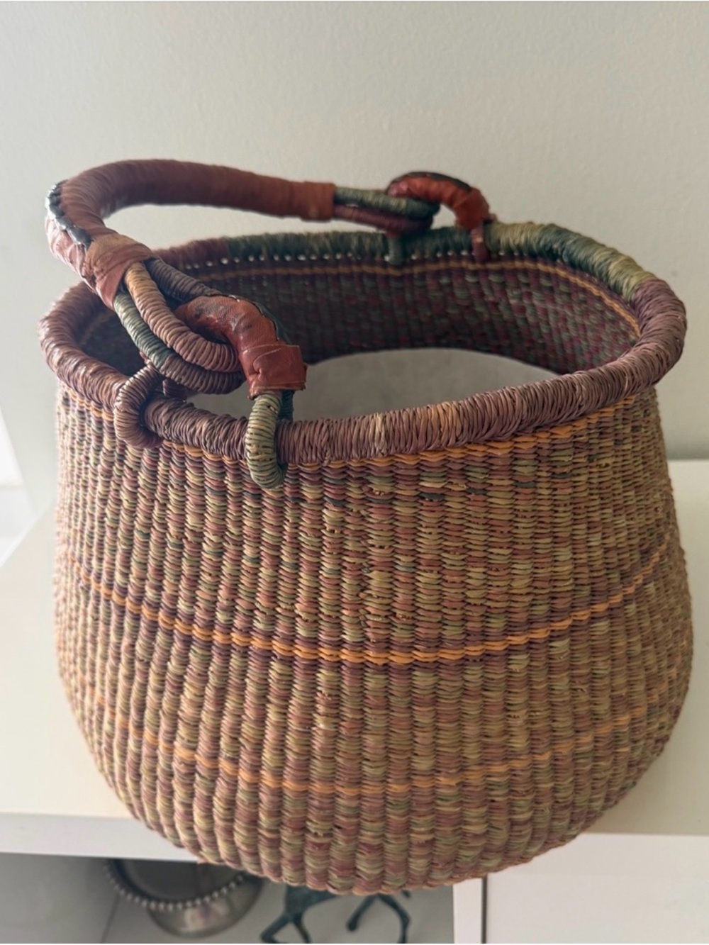 Handwoven Bolga Seagrass Storage Basket in Brown and Green with Wrapped Handles